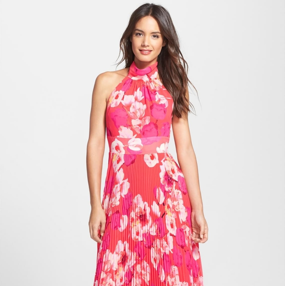Eliza J Pleat halter Maxi dress Coral  color